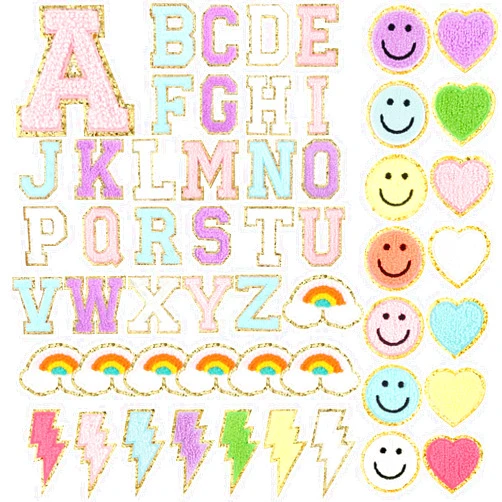 Geosar 54 Pcs Self Adhesive Chenille Letters Patches Glitter Rainbow Chenille Patches Preppy Cute Sew Patches Christmas Varsity Letter Patches Craft for DIY Clothing Backpack Bag (Colorful Letter,2.17 Inch)