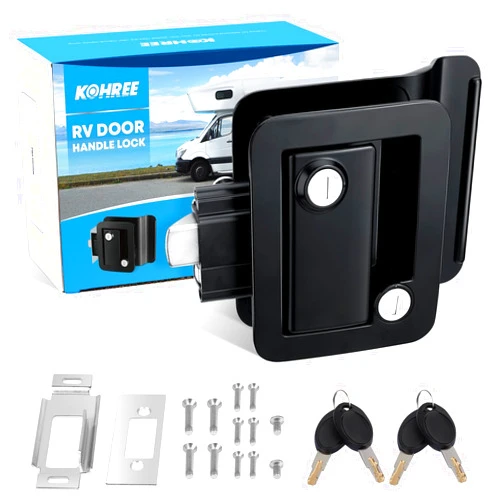 Kohree Upgraded RV Door Lock Replacement with Paddle Deadbolt, Camper Door Handle Latch, 100% Metal RV Enclosed Travel Trailer Entry Door Lock with Keys for Camper Horse Trailer Cargo Hauler Black