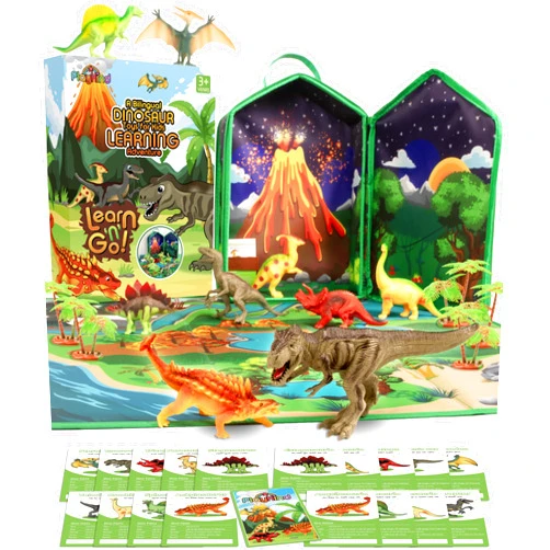 PlayKIND Dinosaur Toys for Kids 3-5 - 9 Large Dinosaur Action Figures with Folding Dinosaur Play Mat and Volcano Carry Case - 18 Bilingual Dino Fact Cards in English & Spanish - Dinosaur Toys for Kids 2-4