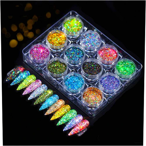Sethexy 12 Colors Holoqraphic Glitter Superfine Nails Sequins Mixed Iridescent Paillette for Nails Art (A)