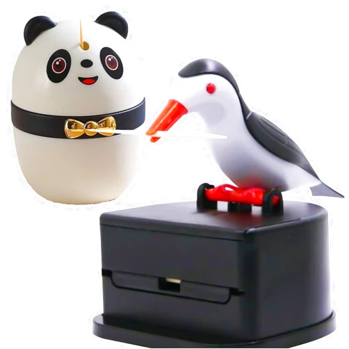 XINJIDUO Bird Shaped Panda Shaped Kitchen Cute and Fun Toothpick box, New automatic Toothpick Holder Cute bird Toothpick Dispenser set+Super cute Panda press Type Table toothpick box Storage with ABS Material