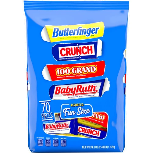 Butterfinger and Co. Bulk Chocolatey Candy Bag, Mix of Fun Size Butterfinger, CRUNCH, Baby Ruth and 100 Grand Milk Chocolatey Bars, Easter Basket Stuffers, 39.8 oz, 70 Count