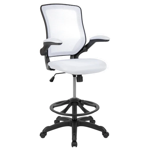 Flash Furniture Kale Mid-Back White Mesh Ergonomic Drafting Chair | Adjustable Foot Ring, Flip-Up Arms