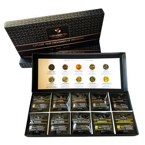 Pure And Easy Tea, Premium Tea Collection, 30 Count Sampler Set, 100% Natural Loose Leaf Tea, 10 Assorted Handcrafted Caffeinated and Herbal Tea Blends, Tea Lovers Gift Box, Makes 60 Cups, 150g