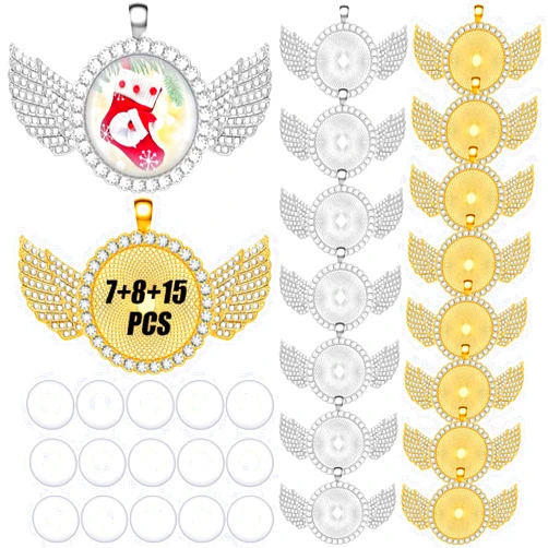 Yaomiao 30 Pieces Rhinestone Wing Bezel Pendant Trays Set, 15 Pieces Rhinestone Blank Pendant Trays and 15 Pieces Clear Glass Cabochons for Valentine's Day DIY Craft Jewelry Making