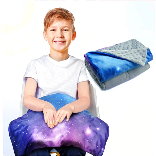 Solfres Small Weighted Lap Pad Blanket Throw for Kids Boys Teens 20in x 23in 5 Lbs - Sleep Therapy Plush Travel Size with Glass Beads, Galaxy Space Stars