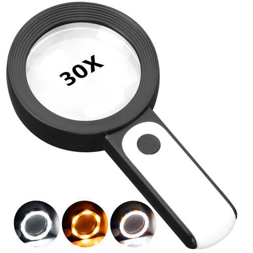 JMH Magnifying Glass with Light, 30X Handheld Large 18LED Cold and Warm Light with 3 Modes, Illuminated Magnifier for Seniors Reading, Inspection, Coins, Jewelry, Exploring