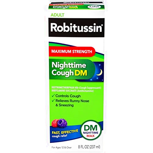 Robitussin Adult Maximum Strength Nighttime Cough DM Max (8 fl. oz. Bottle), Cough Suppressant & Antihistamine, Blue Raspberry Flavor