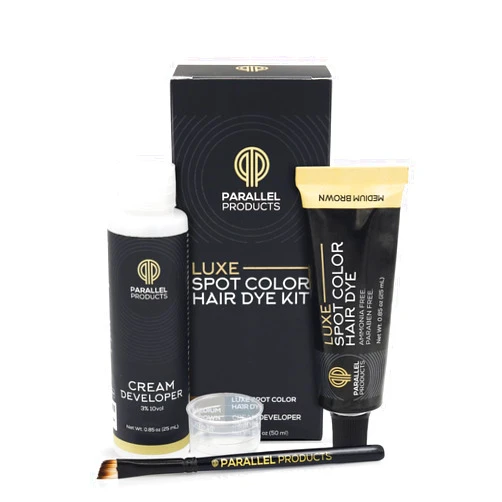 Parallel Products - Luxe Color (Medium Brown) - Cream Hair Dye - 25mL - Tint for Professional Spot Coloring - With Cream Developer, Mixing Dish and Application Brush - Covers Grey Hair - Root Touch Up