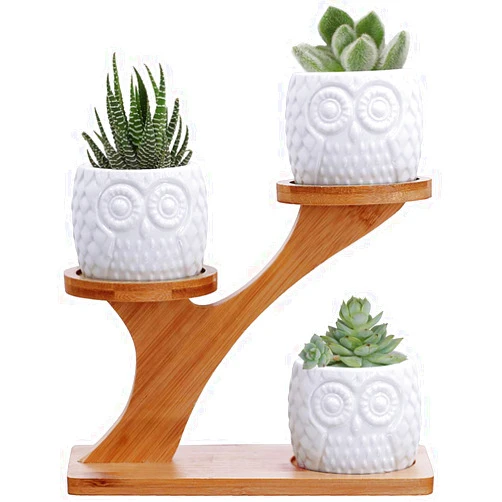 BESTTOYHOME 3pcs Owl Succulent Pots with 3 Tier Bamboo Saucers Stand Holder - White Modern Decorative Ceramic Flower Planter with Drainage - Home Office Desk Garden Mini Cactus Plant Pot Indoor Decoration