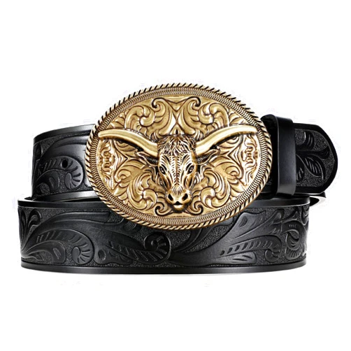 TRIWORKS Western Belts Cowboy Cowgirl Belt for Men Woman, Embossed Western Country Bull Buckle Leather Belts for Jeans