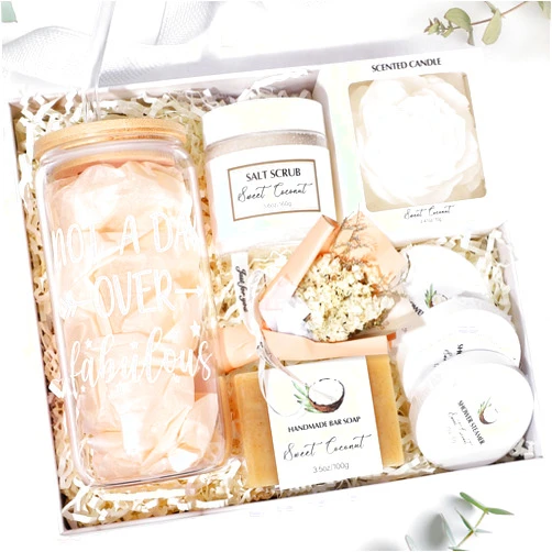 Frerdui Spa Gift Baskets for Women, Sweet Coconut Birthday Gifts Baskets for Women, Spa Kit Gift Box, Bath and Body Relaxing Gift Set for Mother Wife Sister Friends with Glass Cup Salt Scrub Shower Steamers