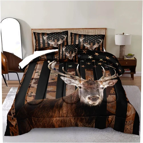 Bedbay American Flag Bed Comforter Queen Hunting Deer Bedding Boys Girls Bedroom Decor Camo Bedding Down Alternative Comforter Camouflage Quilt Set 4 Pcs Lightweight Comforter Queen(Deer,Queen)