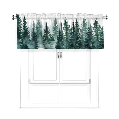 Granbey Pine Tree Valances for Windows - Misty Green Forest Kitchen Valances Winter Snowflake Valance Curtain with Rod Pocket for Kitchen Dining Room Home Decor 54 x 18 Inches, 1 Panel