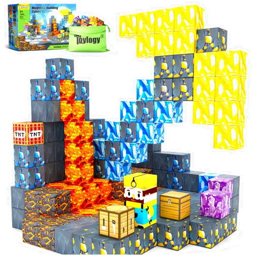 Toylogy Magnetic Blocks-Build Mine Magnet World Pickaxe Edition Mine Pickaxe Caverns Kids Games Toddler Toys Magnetic Tiles for Boys & Girls Age 3-4 4-5 6-8, Sensory Outdoor Toys for Kids for 3+