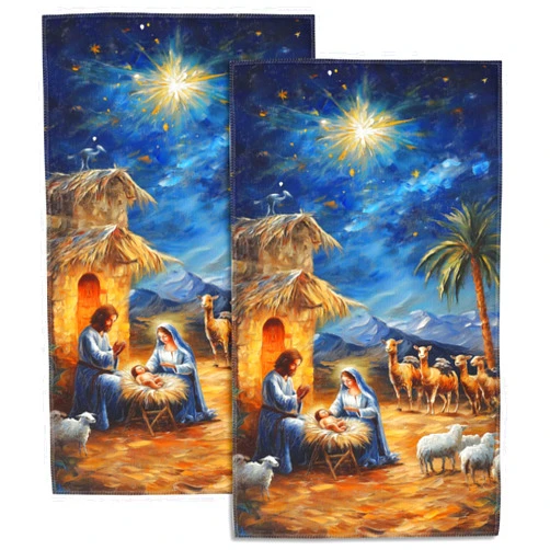 SAYOUZ Christmas Bathroom Hand Towels of 2 Pack,Christmas Religious Jesus Nativity Highly Absorbent Soft Hanging Kitchen Dish Towel Spa Gym Towels for Home Decor & Gift Idea,14
