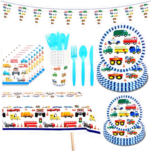 WINMIND 91 Pcs Vehicles Party Supplies Traffic Cars Trucks Transportation Paper Plates, Cups, Napkins, Banner, Tablecloth, Traffic Jam Transport Vehicle Party Decorations for Kids Boys