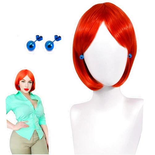 Abouder Women Short Bright Orange Bob Wig with Bangs Synthetic Hair Wig Heat Resistant Fiber for Halloween Party Cosplay Costume Wig+Blue Earrings