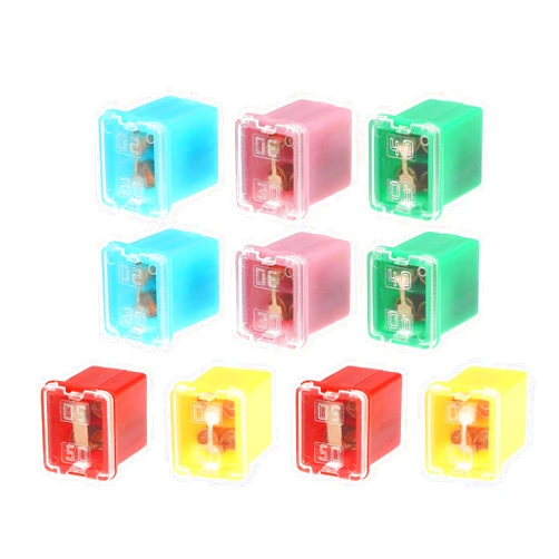VekAuto 10 Pcs 20A 30A 40A 50A 60A Mini Box Shaped Fuse, Universal for Pickup Trucks Cars SUV Durable Plastic Metal Blue Pink Green Red Yellow