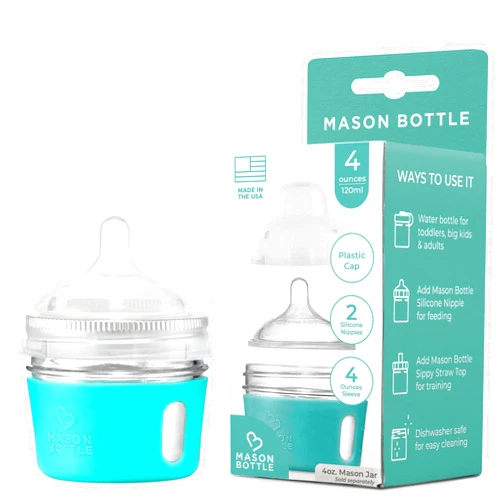 Mason Bottle Glass Baby Bottle DIY Kit – Fits 4oz Mason Jars – Includes 2X Slow Flow Nipples, Silicone Sleeve, and Cap (Ring, Lid, and Jar Not Included) – Made in USA
