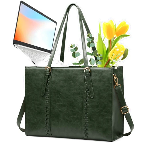 RAINSMORE Laptop Bag for Women 15.6 inch Leather Waterproof Computer Work Bags Large Laptop Tote Bag Professional Business Office Briefcase Women Lightweight Shoulder Handbags, Dark Green