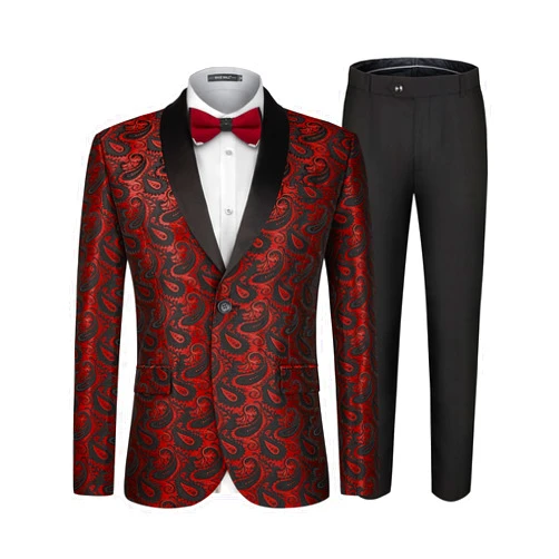 MAGE MALE Men's 2 Piece Slim Fit Floral Tuxedo Suit Paisley Peak Lapel One Button Single Breasted Suit Jacket Pants Set