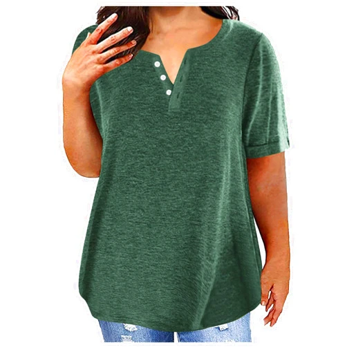 Generic Women's Oversize Tops Summer 2024 Trendy Short Sleeve Solid Shirts V Neck Button T Shirt Loose Fit Tunics Blouses