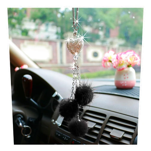 Ziciner Bling Diamond Heart Car Interior Accessories, Car Mirror Hanging Ornament for Women, Love Heart & Pink Plush Ball Decor Ornament Pendant, Car Hanging Decoration Charm Pendant (Black)