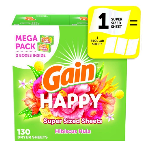 Gain Super Sized Dryer Sheets, Laundry Fabric Softener, Happy, 130 Count