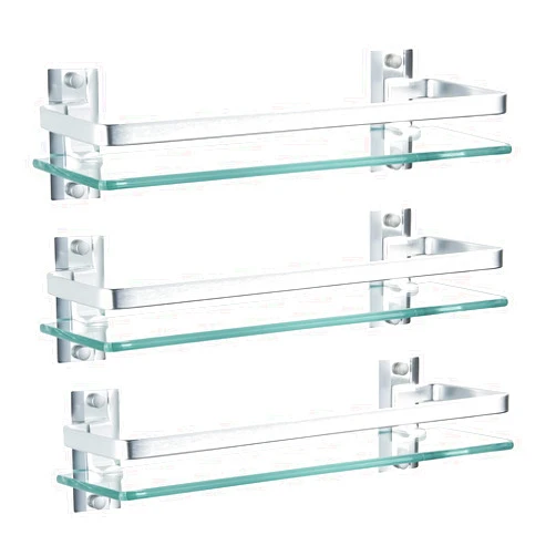 AIJALY 3 Pack Bathroom Glass Shelf,Aluminum Tempered Glass 0.34in Extra Thick Rectangular 1 Tier Storage Organizer Wall Mount,Silver 15.7in