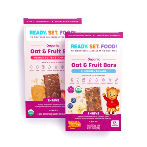 Ready, Set, Food! Ready Set Food Organic Oat & Fruit Bars – Safe & Easy Early Allergen Exposure for Babies 12+ Months, Organic Toddler Snacks with 8 Top Allergens, No Added Sugar (PBS & BB, 2-Pack)