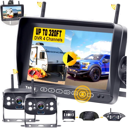 Yakry RV Backup Camera Wireless Recording 2 Cameras - Plug and Play Pre-Wired for Furrion System Night Vision 4 Channels HD 1080P 7'' Touch Key Monitor Rear View Camera for Trailer/Trucks/Camper Yakry Y28