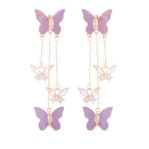 Frodete Purple Butterfly Tassel Earrings - Zircon Stone Animal Design for Women Cute Animal Earrings Purple Dress for Woman Outfits