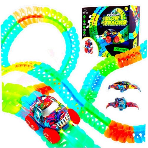 USA Toyz Zero-G Glow Race Track for Kids- 210pcs Glow in The Dark Flexible Race Track Set with Suction Cups, Slot Car, 2 Graffiti Toy Cars Shells, STEM Toy LED Car Tracks for Boys and Girls Age 3+