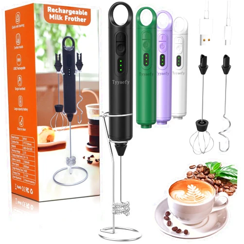 Tyyaefy Rechargeable Milk Frother Handheld for Coffee, Powerful Electric Egg Whisk with 3 Stainless Heads 3 Speeds Adjustable, Portable Drink Mixer Foam Maker for Latte, Cappuccino (Black)