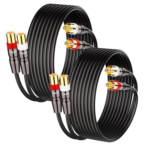 J&D 2 RCA M/F Stereo Audio Cable, 2-Pack Copper Shell Gold-Plated 2 RCA Extension Cable Male to Female Stereo Audio Extender Cord Adapter, 6 Feet