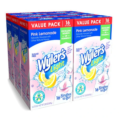 Wyler's Light Singles To Go Powder Packets, Water Drink Mix, Pink Lemonade, 16 Count, 6 Boxes (96 Single Servings)