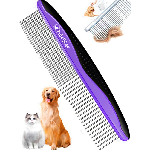 Hikster Dog Comb for Grooming Pet Comb with Stainless Steel Rounded Teeth Rubber Handle for Large Medium & Small Cat Comb Removes Knots & Tangled Hair