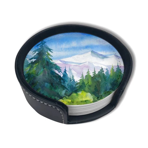 YISHOW Mountain Forest Watercolor Leather Drinks Coasters with Holder Set of 6, Suitable for Kinds of Cups
