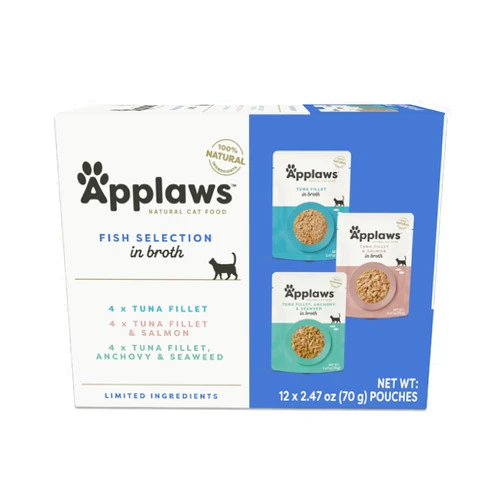 Applaws Natural Wet Cat Food Pouches, Limited Ingredient, No Additives, Made with Natural Ingredients, Cat Food Fish Variety Pack in Broth (12 x 2.47oz Pouches)