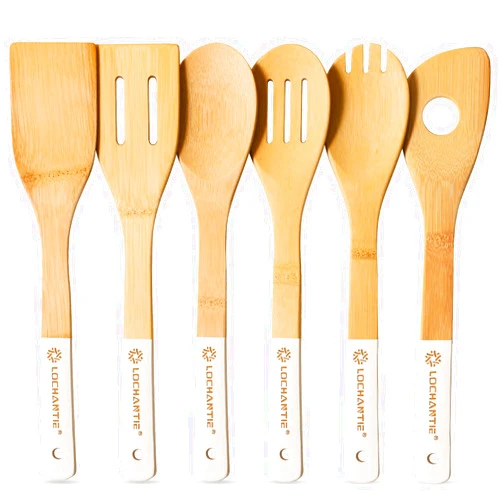 Lochantie Wooden Spoons for Cooking Bamboo Utensils Set (6 Pieces) - Essential Tools Wooden Spatula & Spoons for Everyday Stirring, Mixing, Flipping & Serving, Gentle on Nonstick Cookware, White