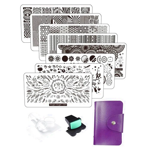 FingerAngel 8pcs Nail Stamp Plates + Nail Stamper with Scraper+ 1 Pcs Storage Bag Nails Art Stamping Plate Scraper Stamper Set Leaves Flowers Animal Nail Plate Template Image Plate (V17-24)