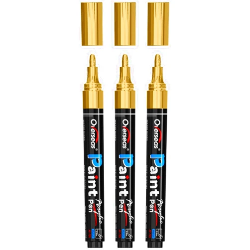 Overseas Gold Paint Pens Paint Markers - Permanent Acrylic Markers 3 Pack, Water Based, Quick Dry, Waterproof Paint Marker Pen for Rock, Wood, Plastic, Metal, Canvas, Glass, Fabric, Mugs. Medium Tip