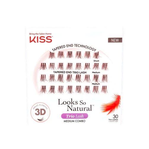 KISS Looks So Natural Trio Lash Medium Combo Pack, False Eyelashes with Tapered End Technology, 3D Lengths & Angles, Easy Grip Tray with Built-In Glue Pocket, 30 Trio Lashes in Short & Medium Lengths