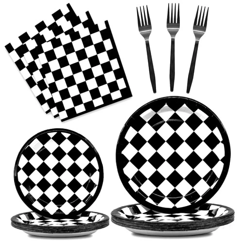 Gistome 96 Pieces Racing Theme Party Supplies - Black and White Checkered Pattern Disposable Tableware with Paper Plates, Napkins, Forks for Race Car Dirt Bike Birthday Decorations, Sports Events Celebrations