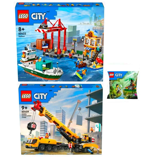 BRICKCOMPLETE Lego City Set: 60422 Port with Cargo Ship, 60409 Mobile Construction Crane & 30665 Jungle Explorer with Baby Gorilla