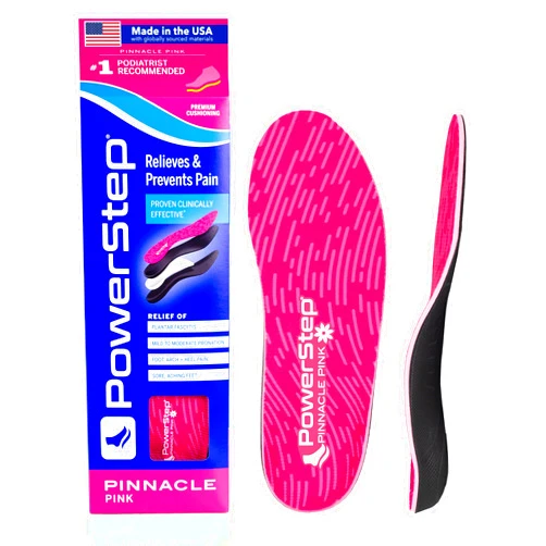 PowerStep Pinnacle Pink Orthotics for Women - Arch Support Inserts for Plantar Fasciitis Relief- Made in USA- Maximum Cushioning Arch Support, Deep Heel Cup for Pronation (W 8-8.5, M 6-6.5)