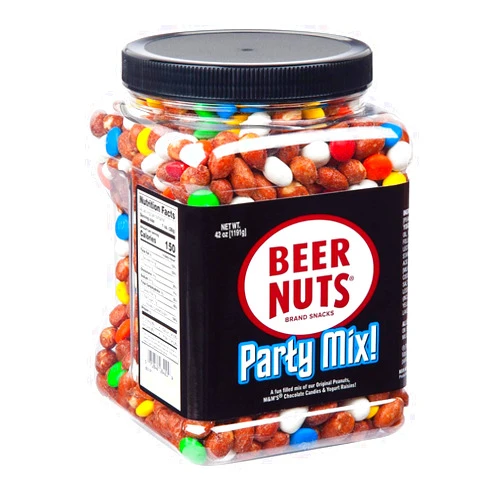 BEER NUTS Party Mix, Original Sweet & Salty Roasted Gourmet Peanuts, Plain Yogurt Covered Raisins, M&M's Milk Chocolate Candies - Kosher, Gluten Free, Family Size Resealable Packaged Snack (42oz, Party Mix)