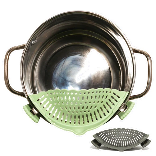 The Silicone Kitchen Clip on Silicone Strainer, Colander Fit Most Pots, Pans, Bowls, Ideal for Pasta, Vegetables, Fruit, Non-Toxic, BPA Free, 2 Pack, Green, Gray