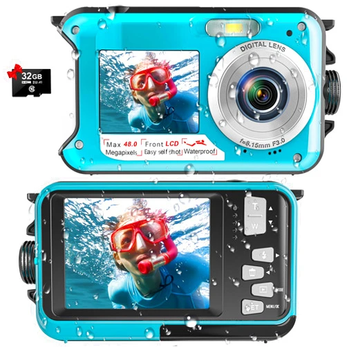 YISENCE Waterproof Digital Camera Underwater Camera Full HD 2.7K 48 MP Video Recorder Selfie Dual Screens 16X Digital Zoom Flashlight Waterproof Camera for Snorkeling (DV806)…